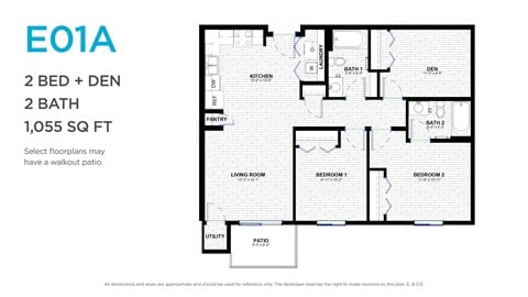 Floor plan for 2 beds, 2 baths, 1055 sqft